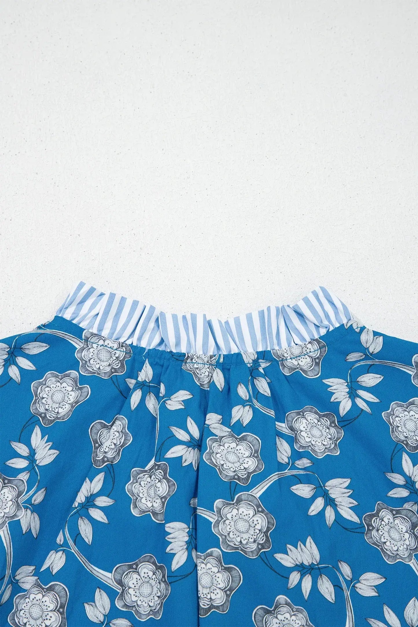 Blue Floral Print Button Tie Neck Striped Detail Short Sleeve Blouse - Sweet Fashion Wholesale