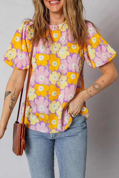 Purple Frilled Neck Puff Short Sleeve Flower Top - Sweet Fashion Wholesale
