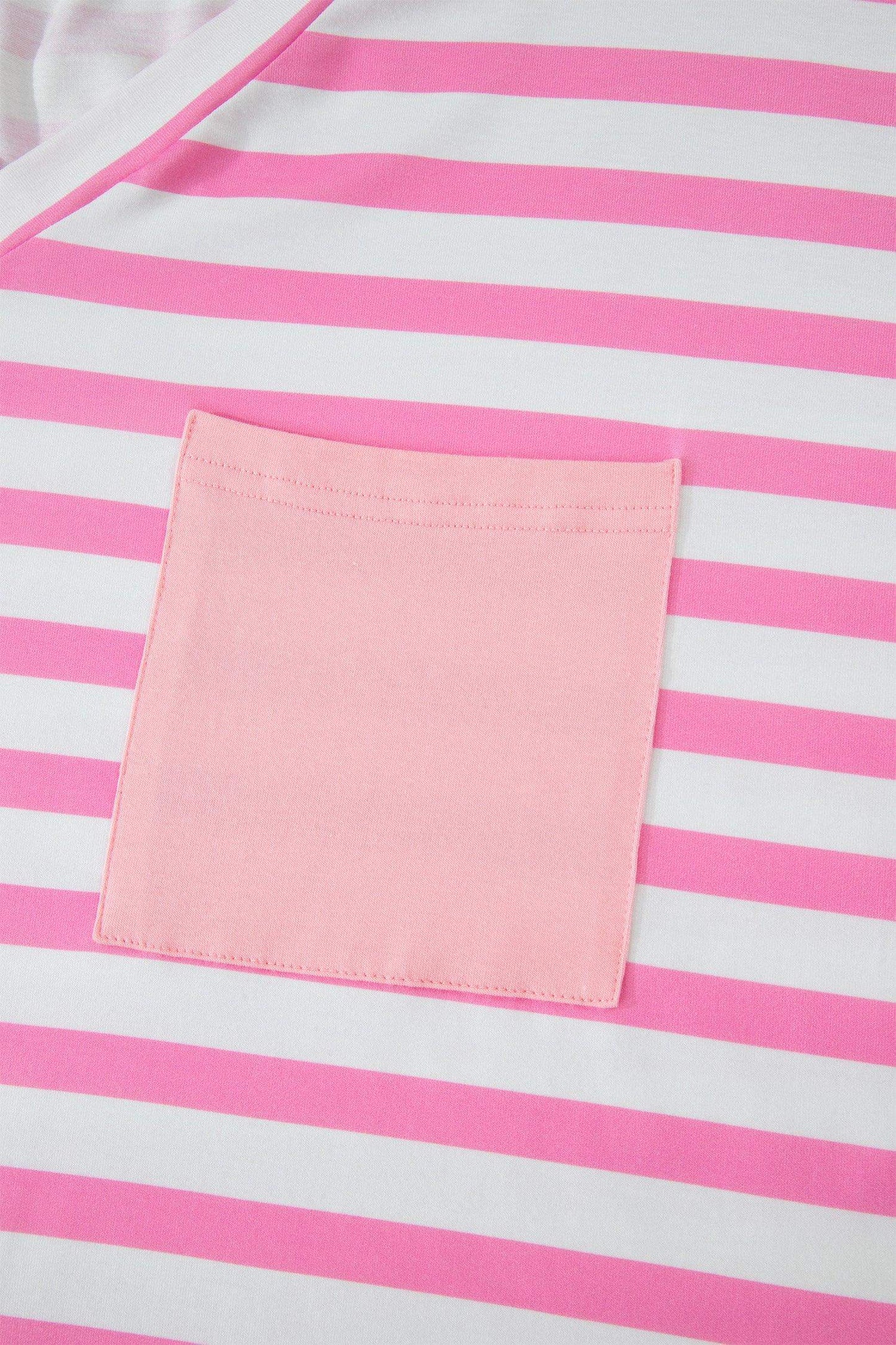 Pink Stripe Colorblock Patched Pocket V Neck Plus Size Tee - Sweet Fashion Wholesale