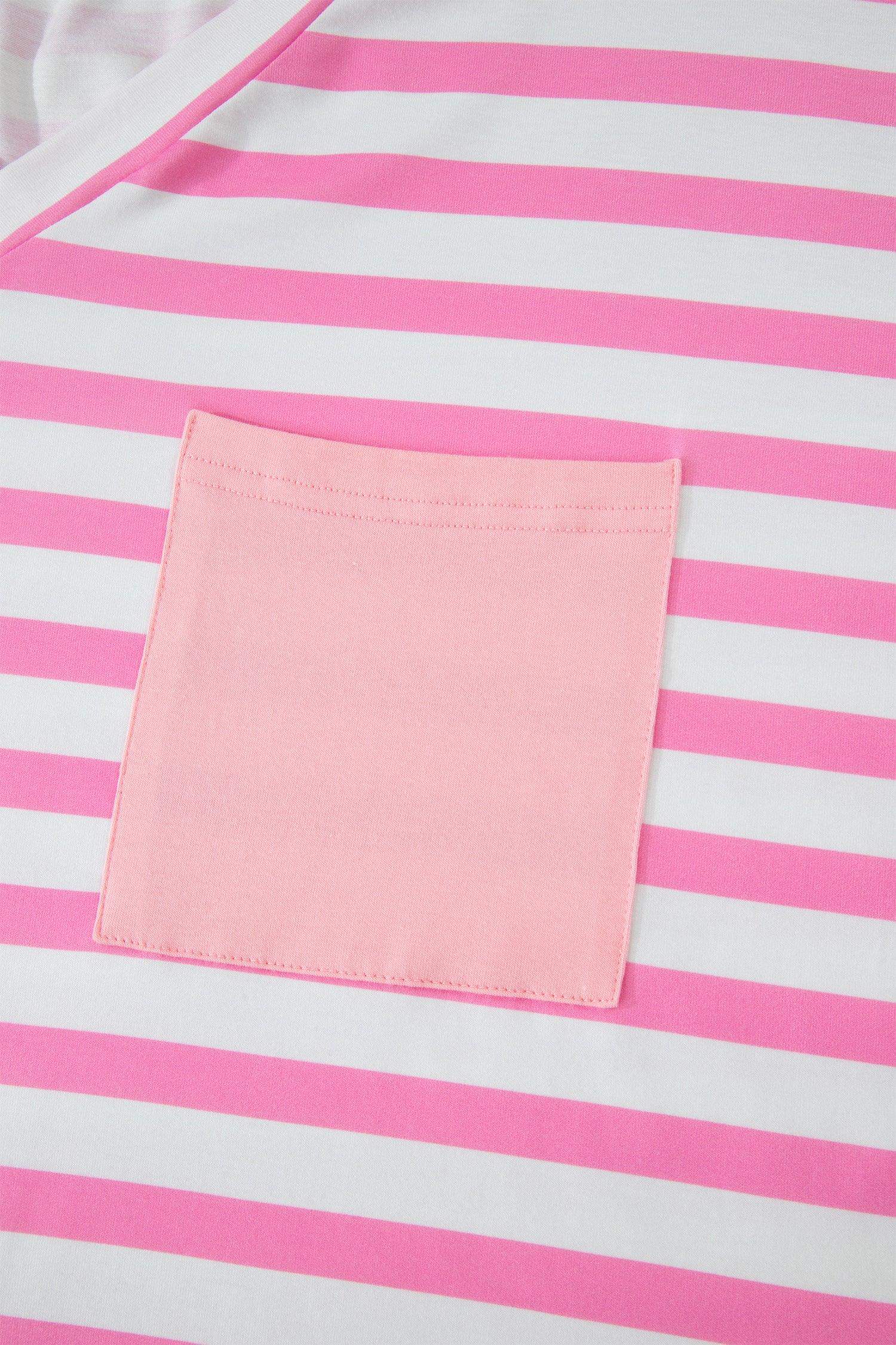Pink Stripe Colorblock Patched Pocket V Neck Plus Size Tee - Sweet Fashion Wholesale