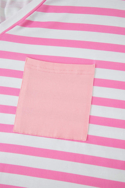 Pink Stripe Colorblock Patched Pocket V Neck Plus Size Tee - Sweet Fashion Wholesale