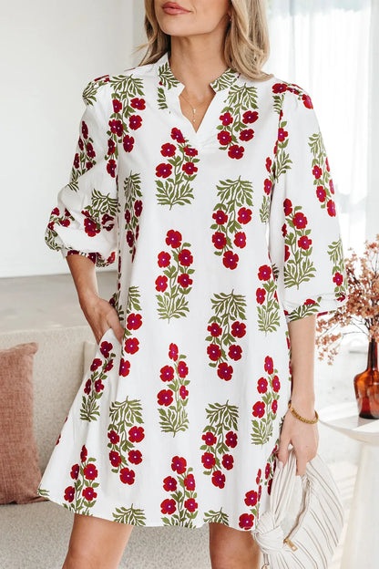 White Floral Print V Neck 3/4 Sleeve Loose Mini Dress - Sweet Fashion Wholesale