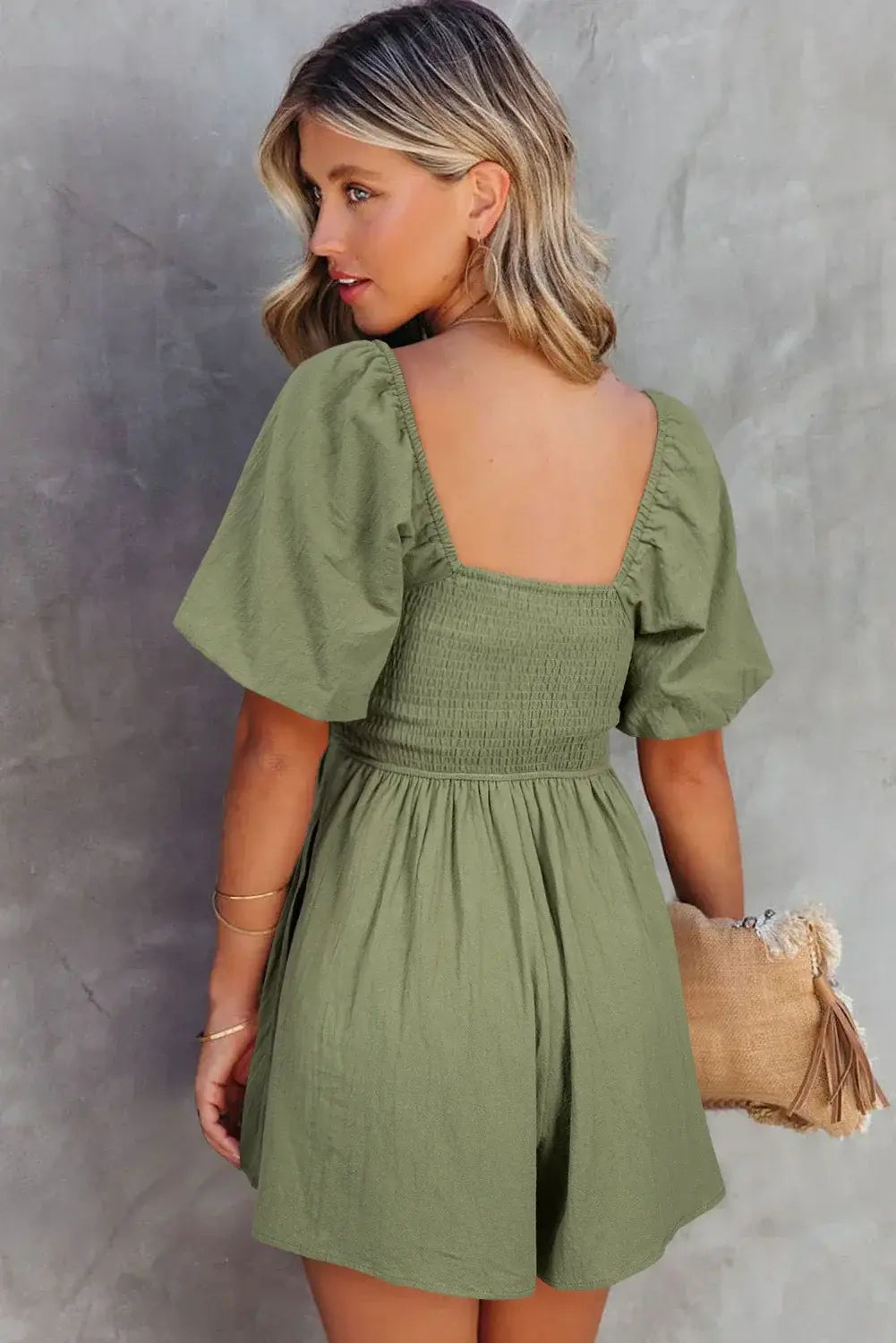 Jungle Green Square Neck Ruched Puff Sleeve Romper - Sweet Fashion Wholesale