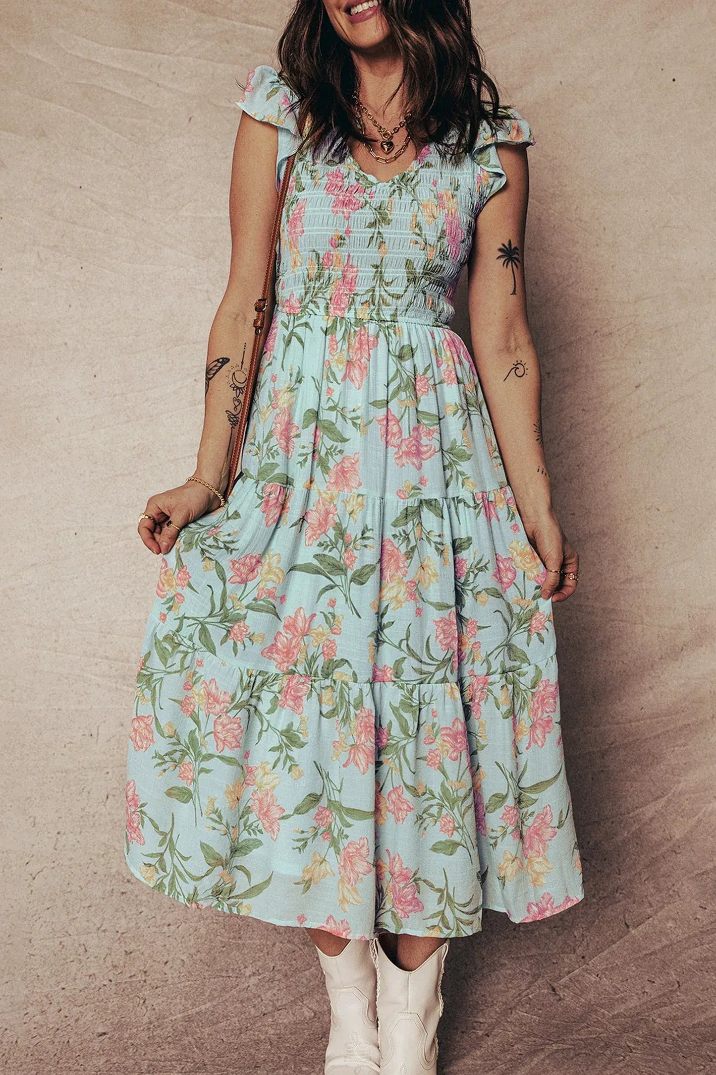 Yellow Smocked Bodice Ruffled Sleeveless Tiered Floral Maxi Dress - Sweet Fashion Wholesale