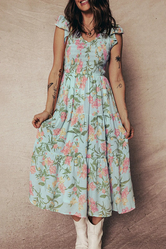 Yellow Smocked Bodice Ruffled Sleeveless Tiered Floral Maxi Dress - Sweet Fashion Wholesale