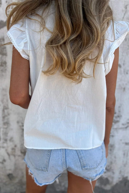 Bonbon Lace Detail Flutter Sleeve Pleated Round Neck Blouse