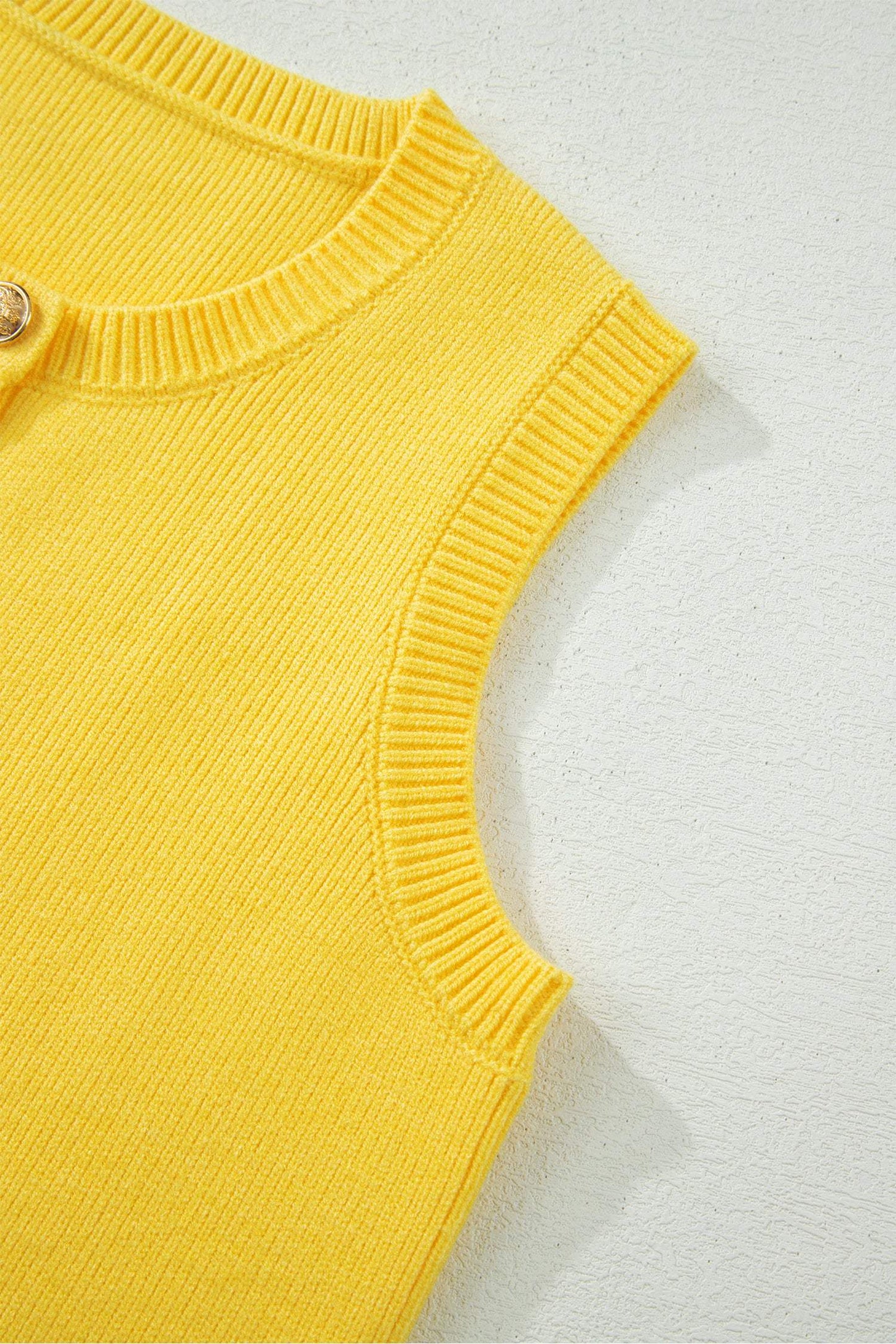 White Solid Color Sleeveless Knit Button Pocketed Sweater