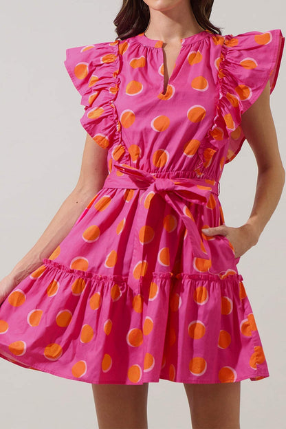 Rose Double Polka Dot V Neck Ruffled Short Sleeve Dress