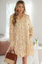 Yellow Floral Print Frilly Trim Smocked Cuff Long Sleeve Loose Shirt Dress - Sweet Fashion Wholesale