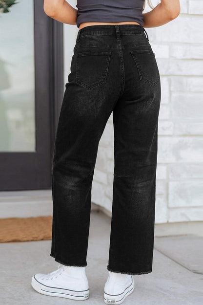 Black Frayed Cropped Straight Jeans