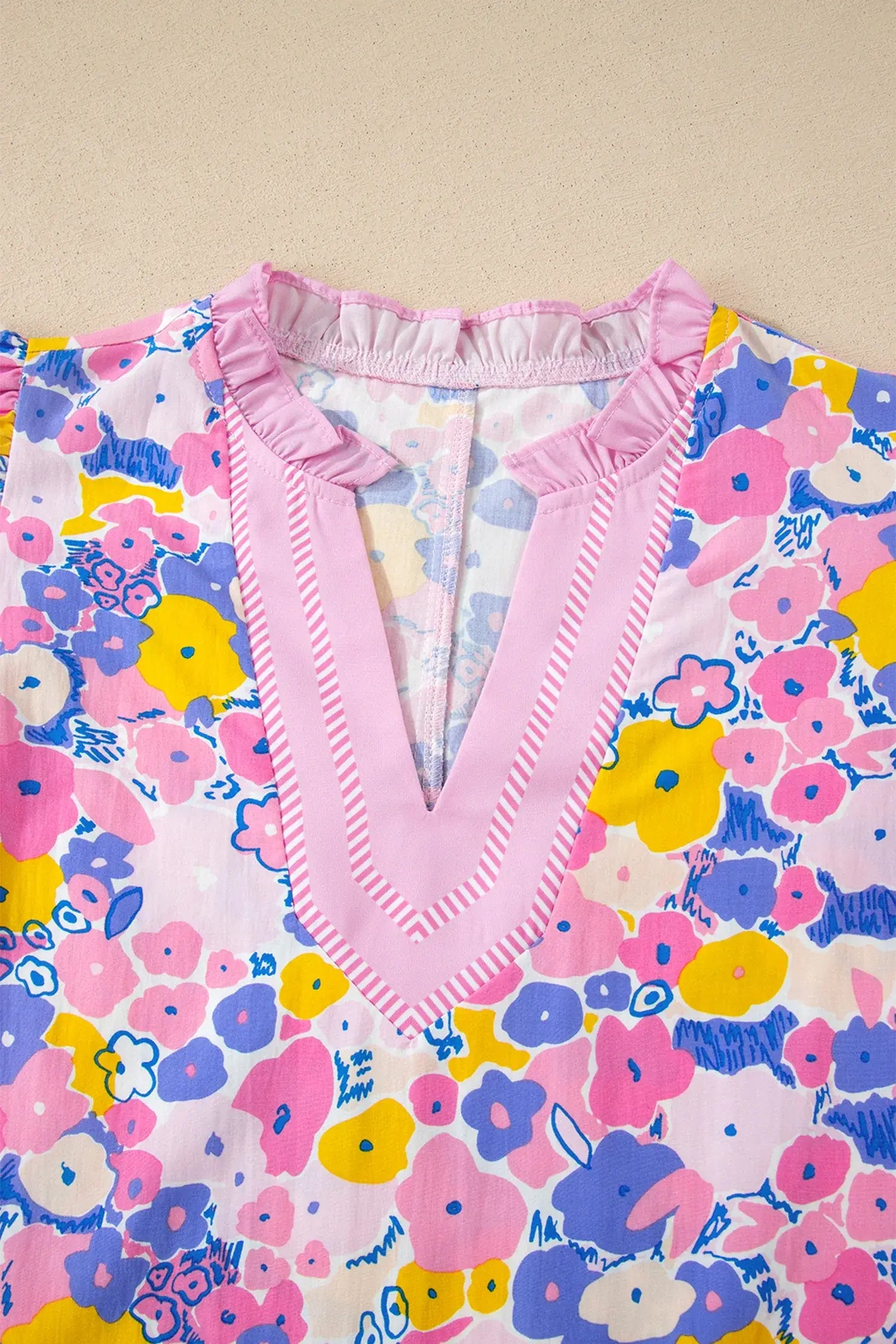 Pink Playful Floral Print Striped Color Block Patchwork V Neck Flutter Sleeve Blouse - Sweet Fashion Wholesale