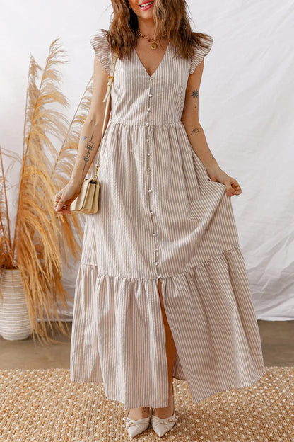 Khaki Stripe Flutter Sleeve Buttoned Front Slit Maxi Dress - Sweet Fashion Wholesale