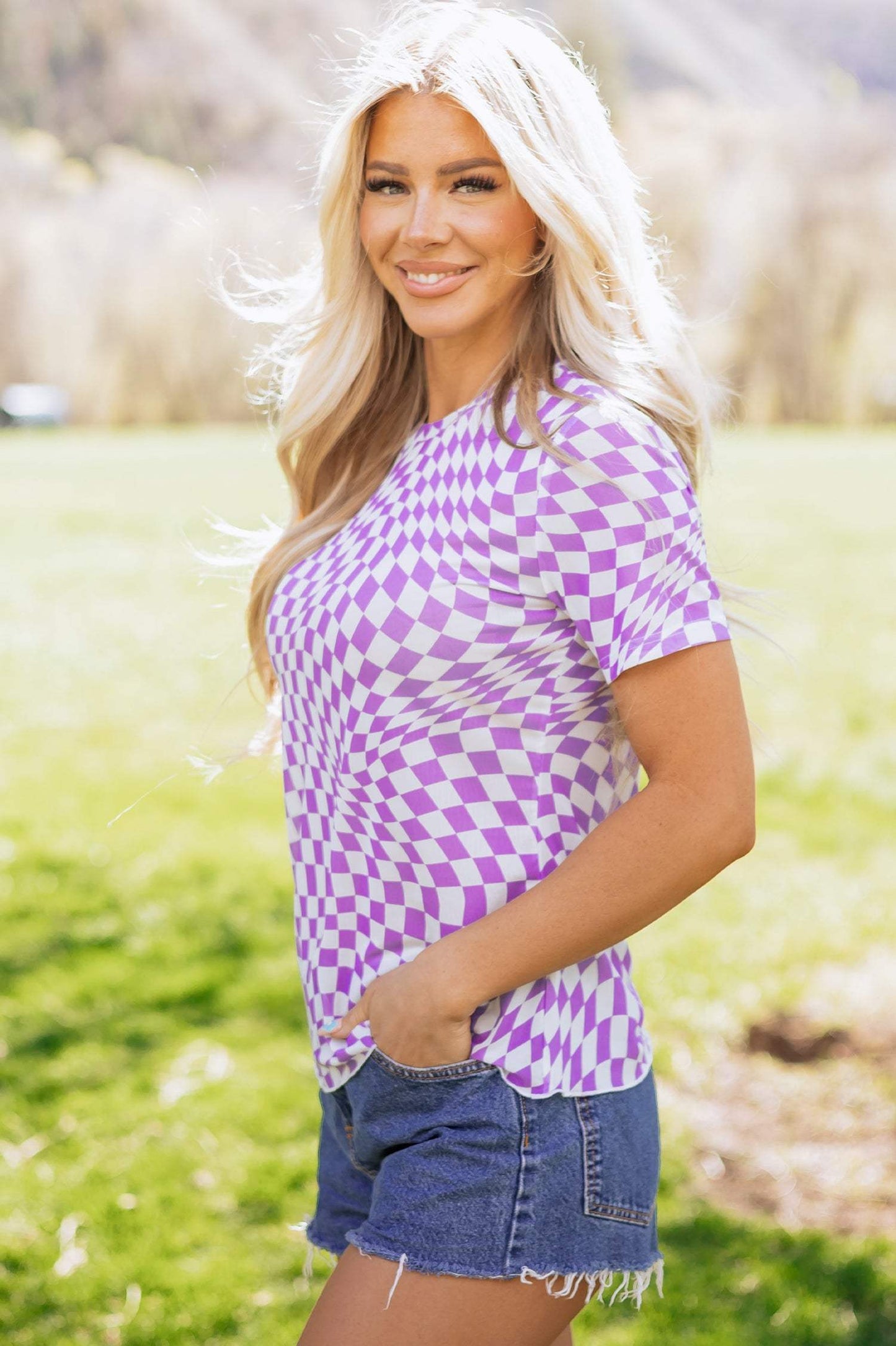 Orange Checkered Print Crew Neck Mesh T Shirt