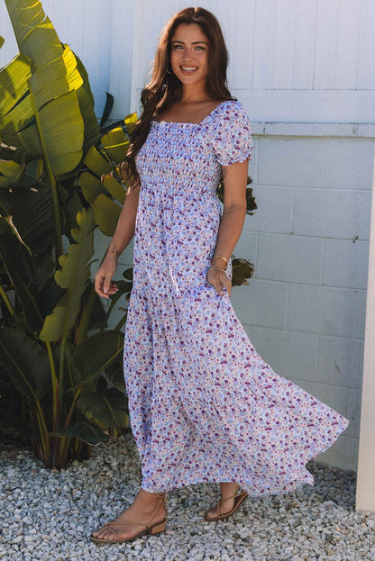 Pink Floral Short Bubble Sleeve Shirred High Waist Maxi Dress
