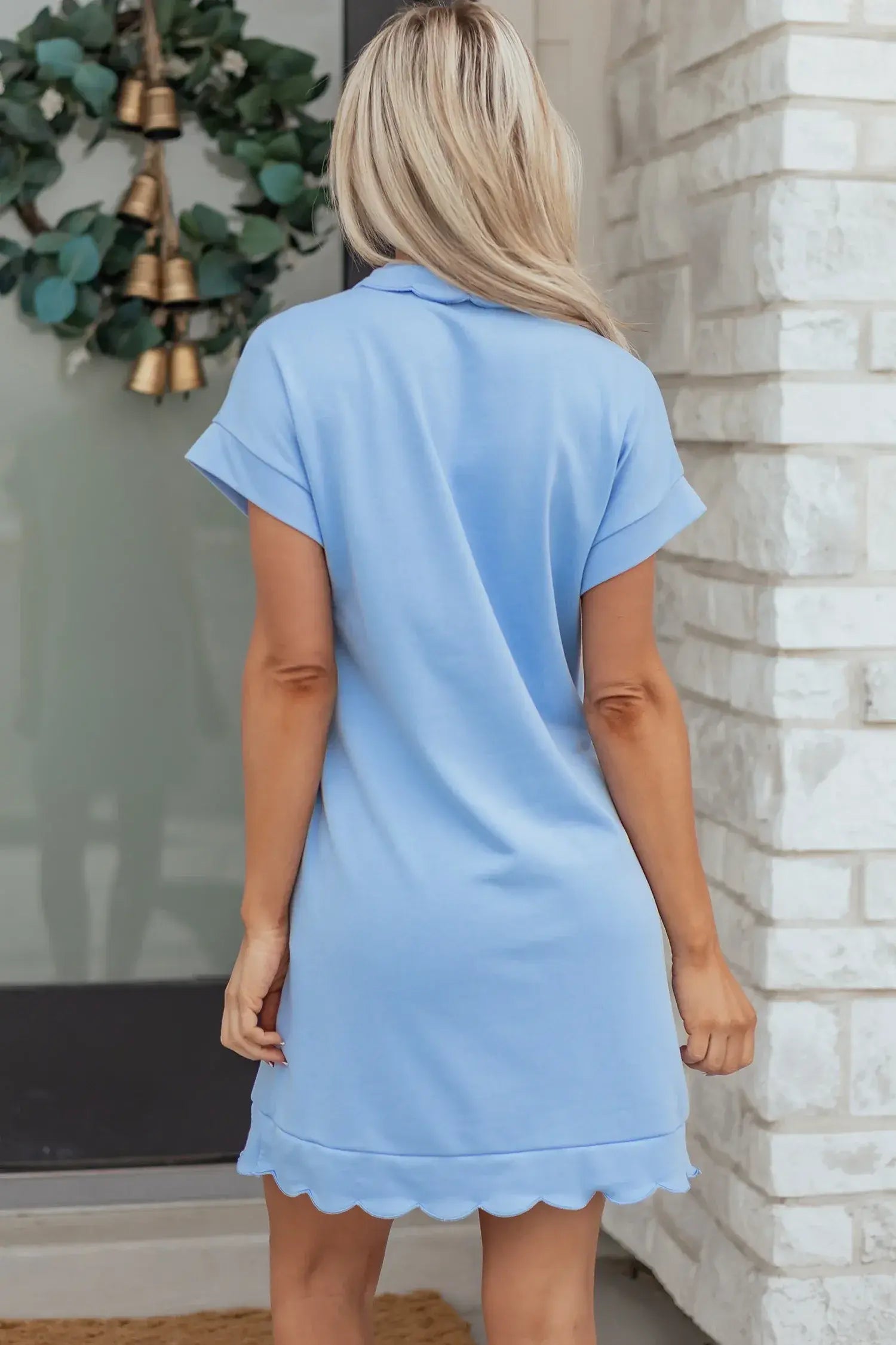 Beau Blue Solid Color Snap Button Polo Collar Short Sleeve Scallop Hem Mini Dress - Sweet Fashion Wholesale