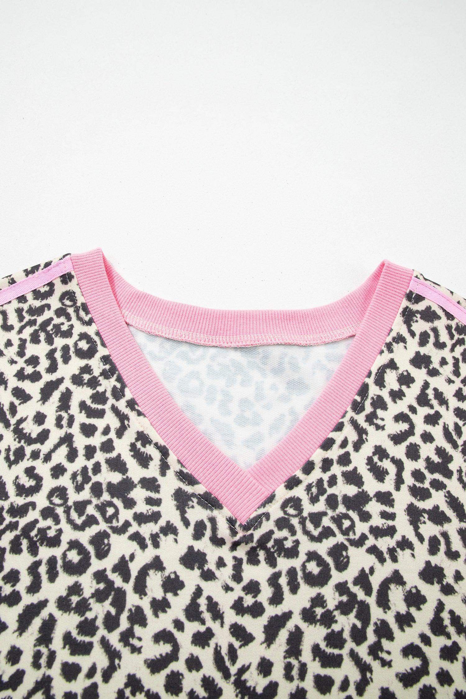 White Contrast V Neck Varsity Short Sleeve Leopard Top - Sweet Fashion Wholesale