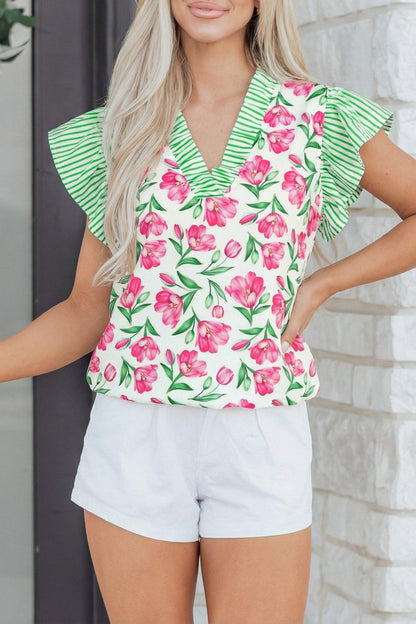 Multicolour Sweet Floral Print Striped Ruffle Trim V Neck Blouse