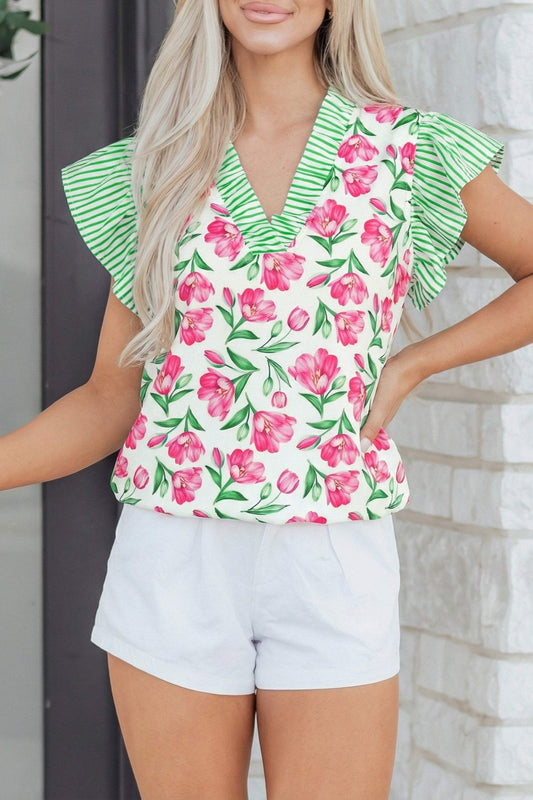 Multicolour Sweet Floral Print Striped Ruffle Trim V Neck Blouse