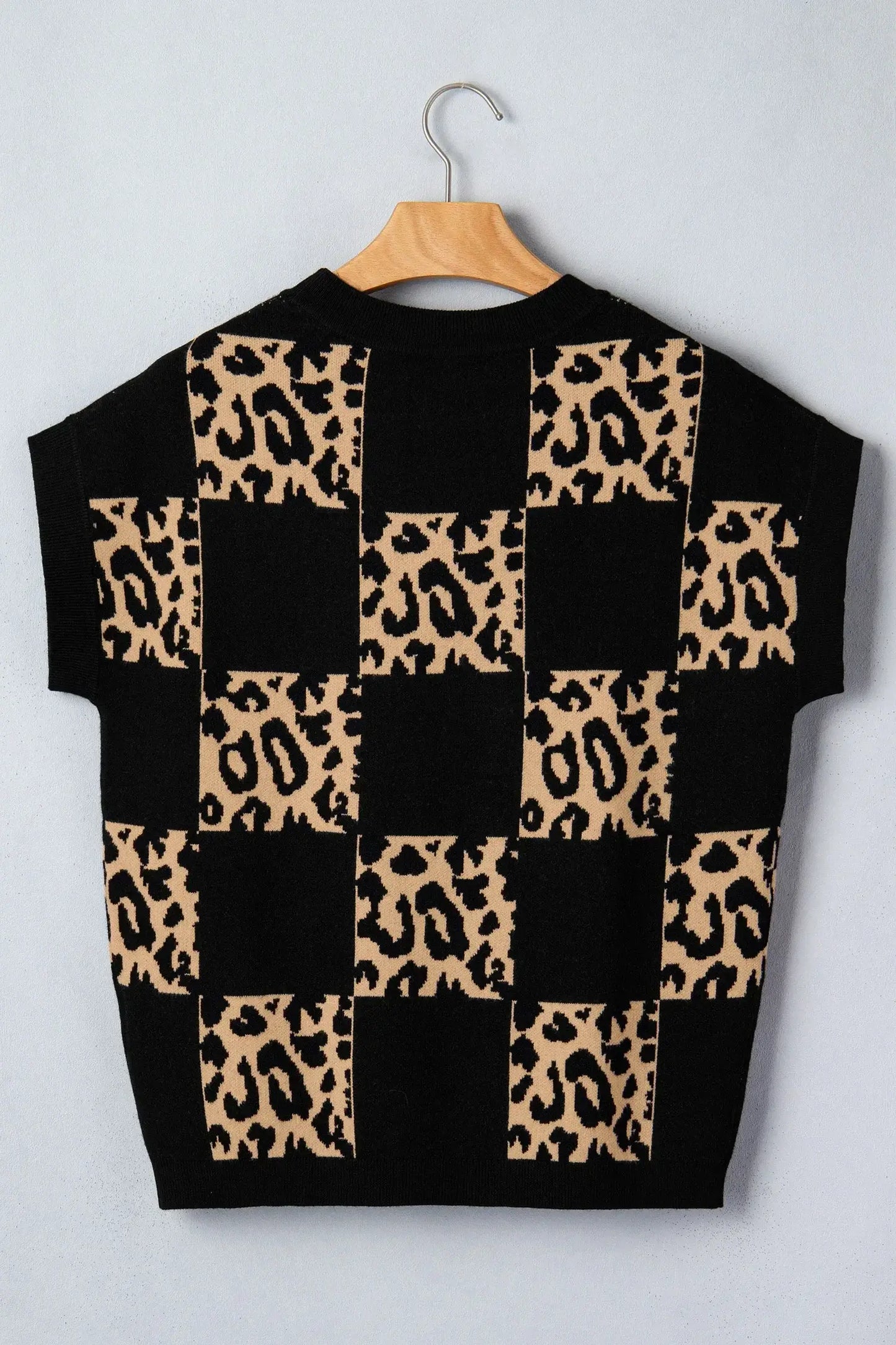 Red Leopard Checkerboard Short Sleeve Knit Sweater - Sweet Fashion Wholesale