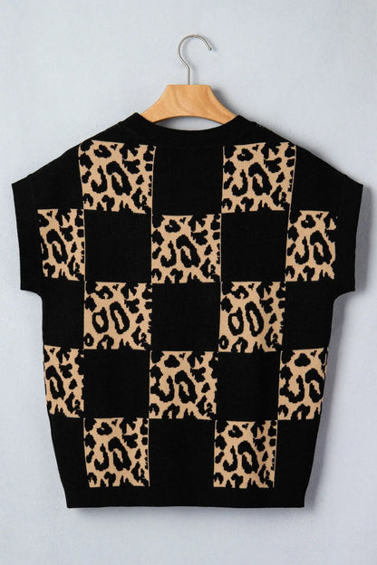 Red Leopard Checkerboard Short Sleeve Knit Sweater - Sweet Fashion Wholesale