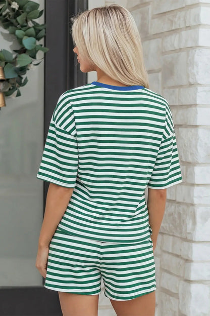 Green Stripe Drop Shoulder Boxy Casual Terry Short Set - Sweet Fashion Wholesale