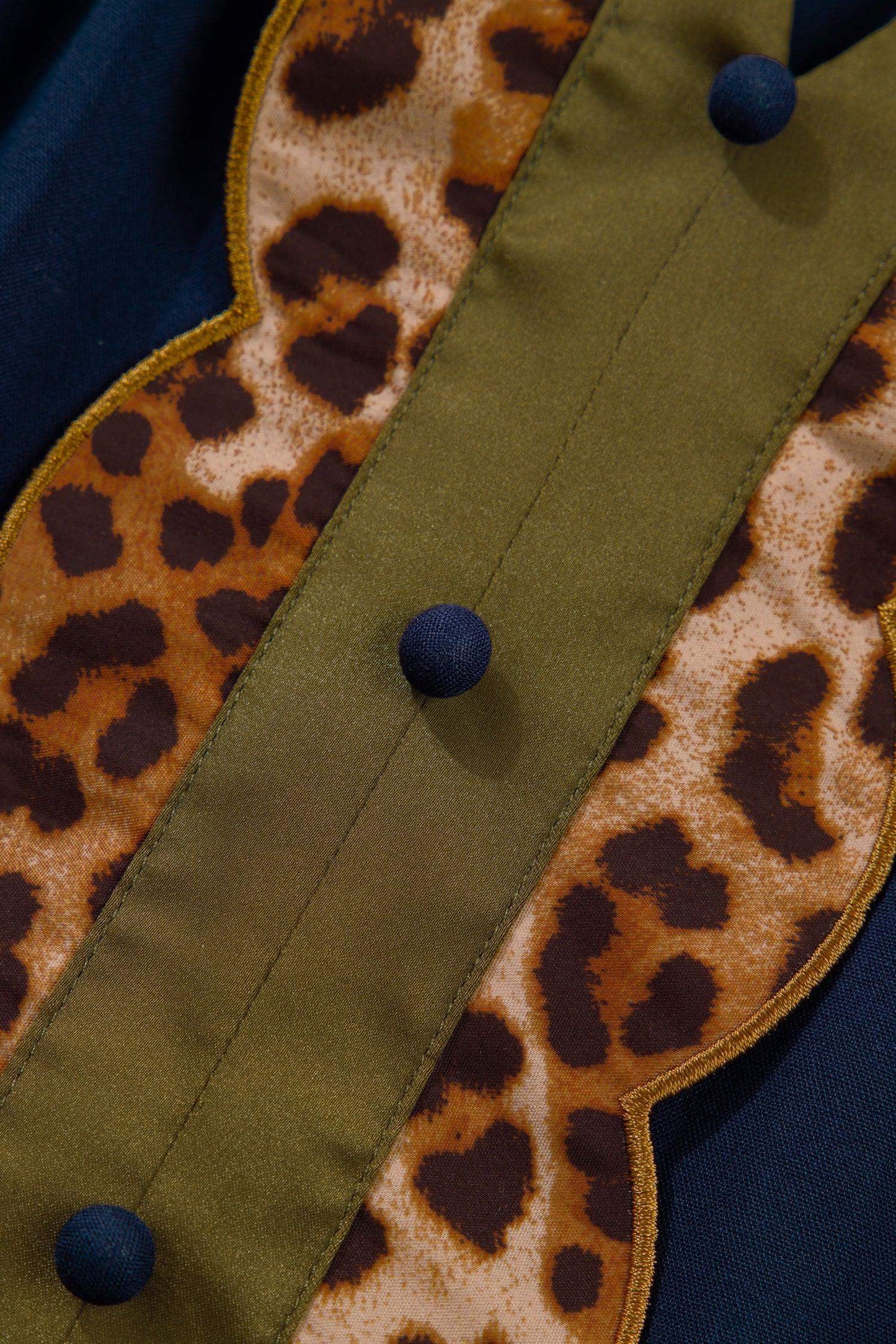 Navy Blue Button Detail Leopard Metallic Trim Short Sleeve Tunic Dress - Sweet Fashion Wholesale