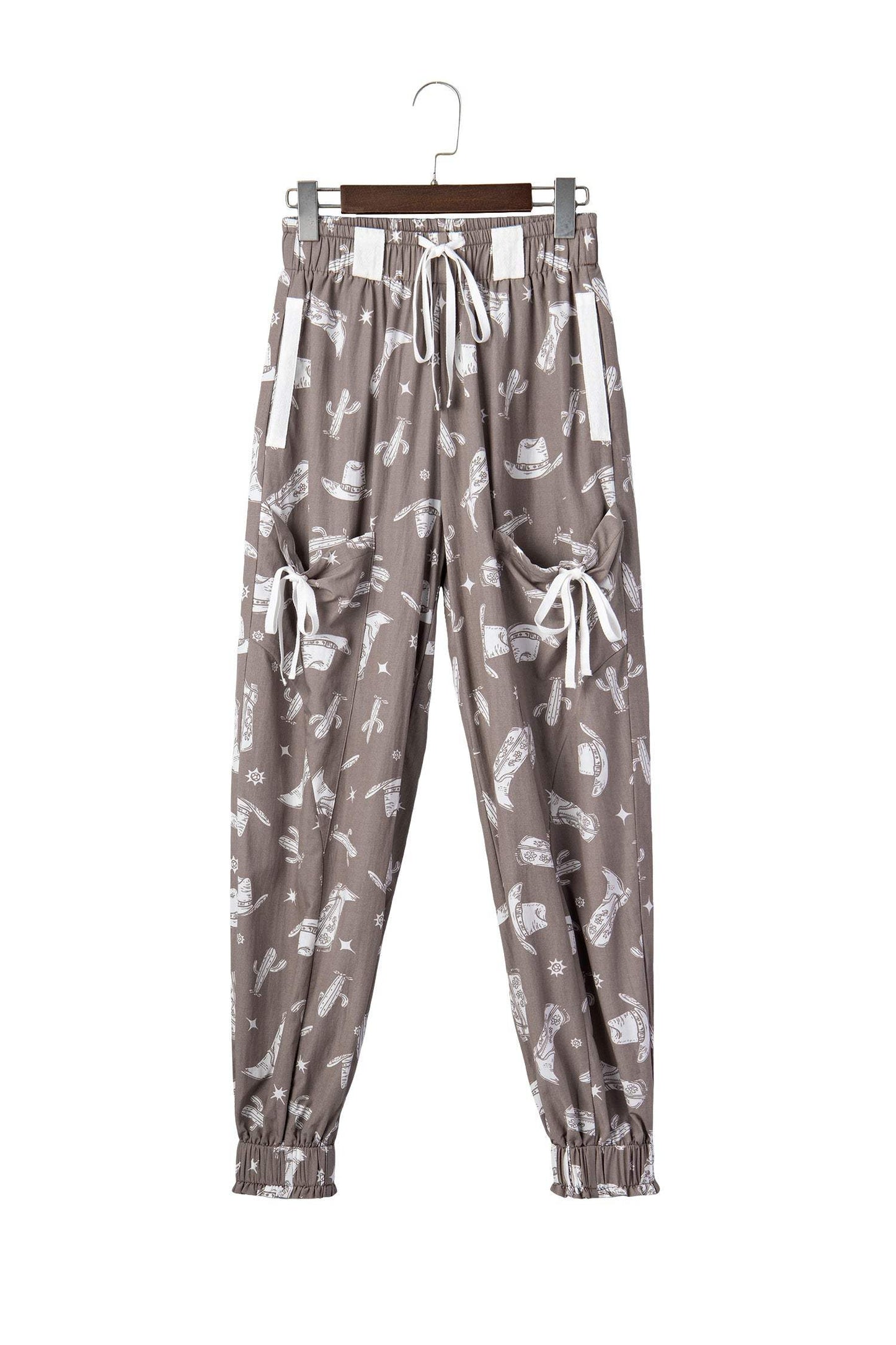 Khaki Western Cactus Cowgirl Hat Boot Printed Vintage Drawstring Jogger Pants
