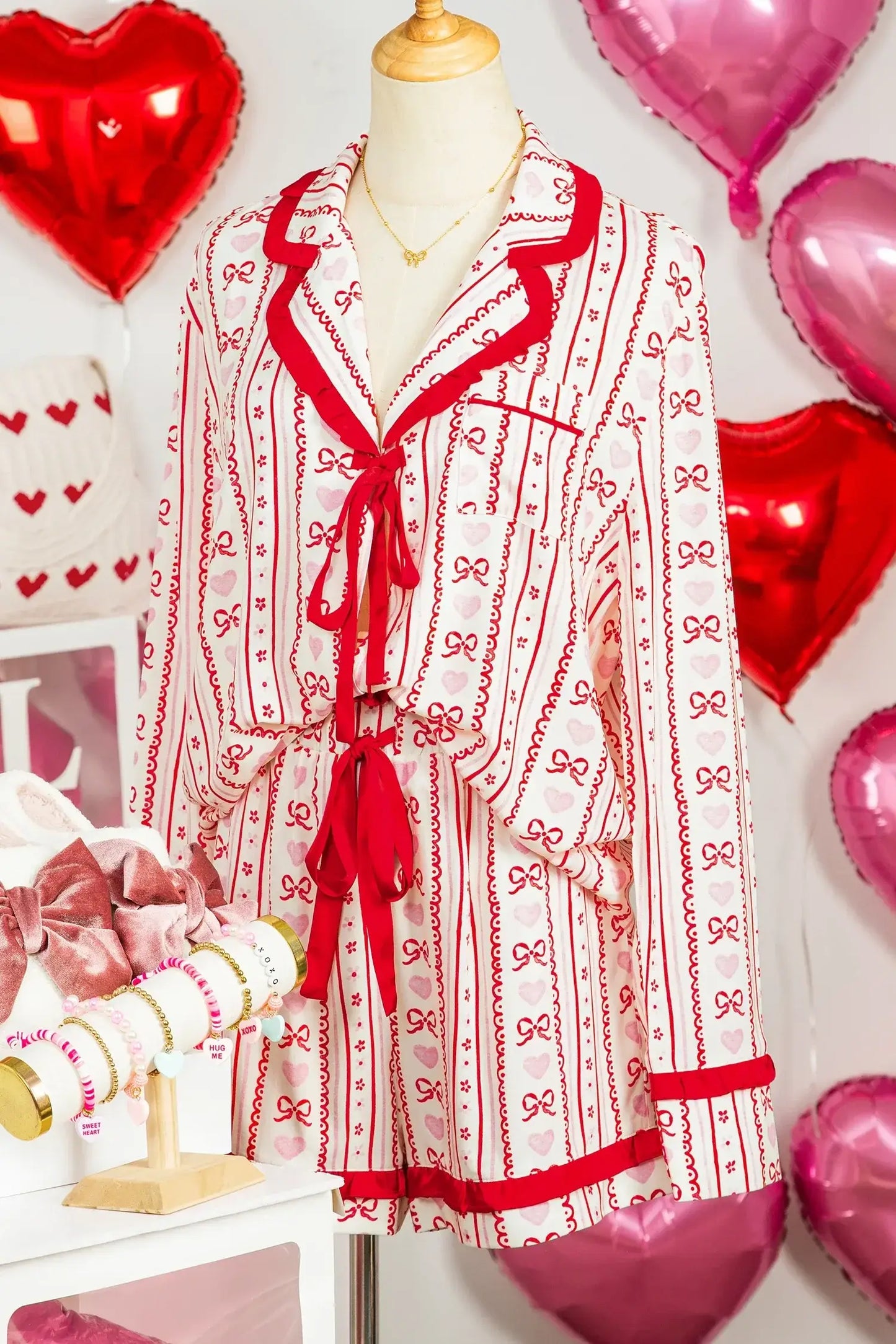 Red Sweet Floral Heart Bow Print Contrast Trim Long Sleeve Shirt Pajama Short Set - Sweet Fashion Wholesale