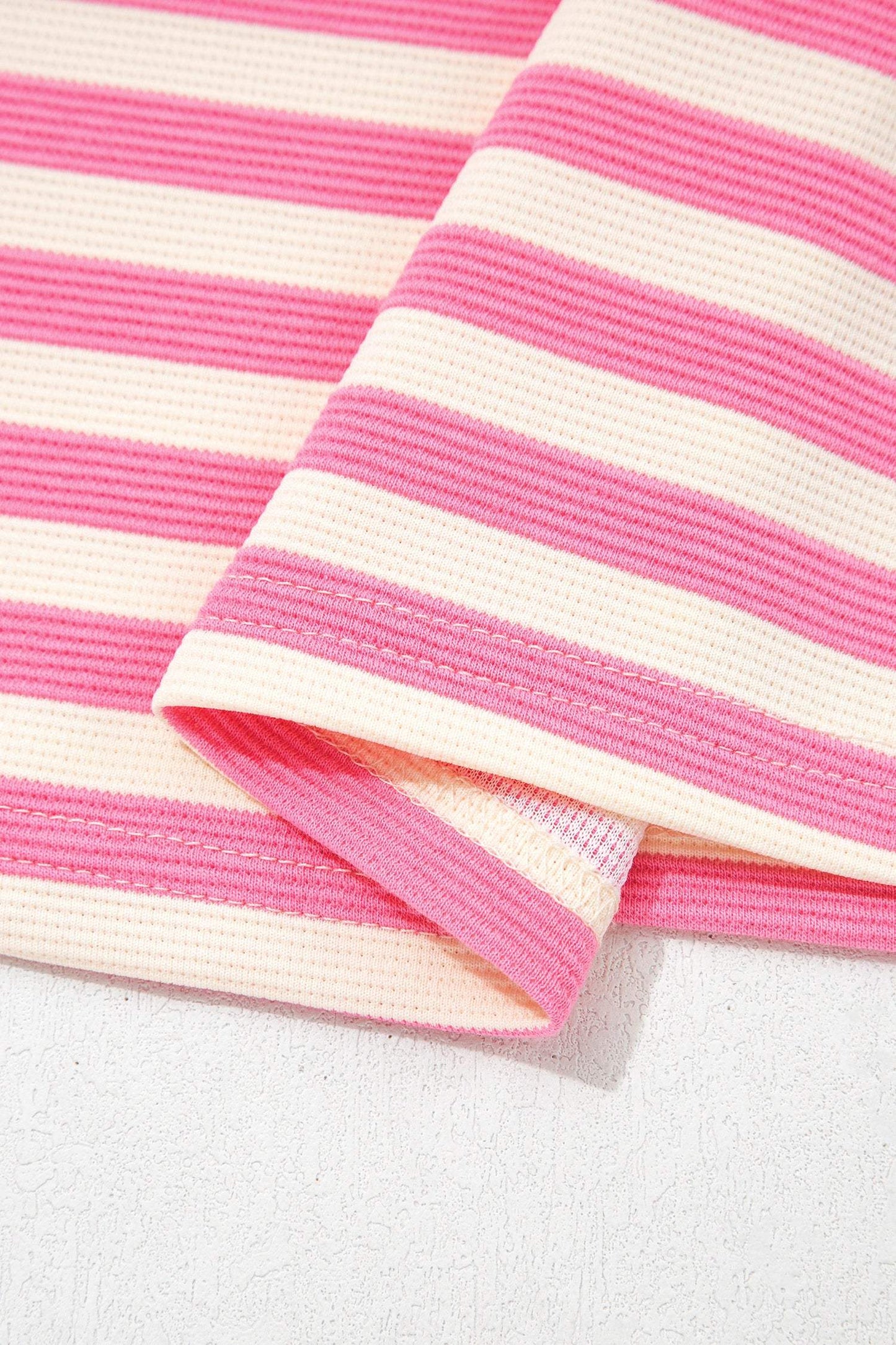 Rose Stripe Contrast Trim Polo Collar Ruffled Short Sleeve Blouse