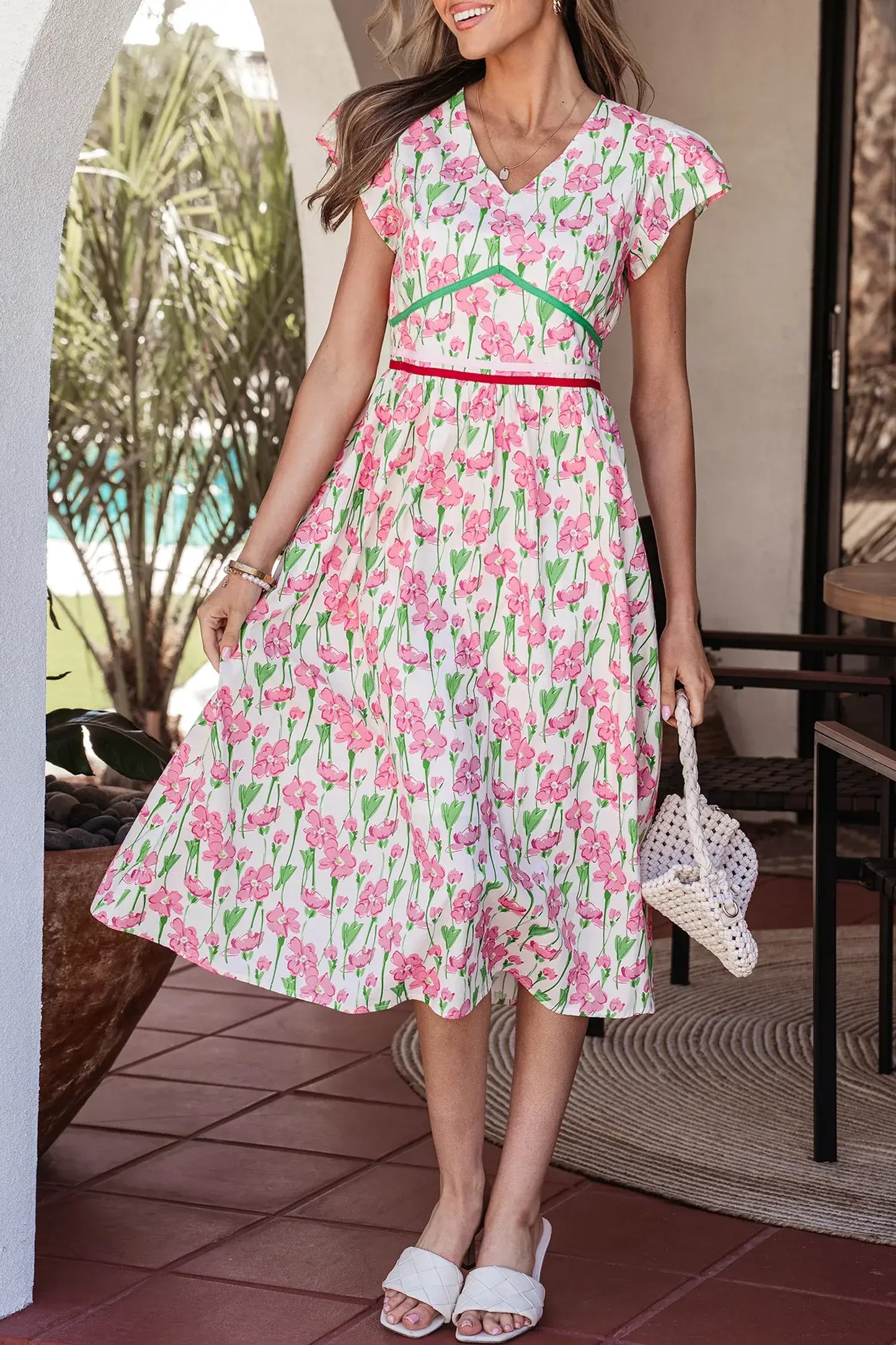 Pink Floral Print Contrast Trim V Neck Short Sleeve Elegant Midi Dress - Sweet Fashion Wholesale