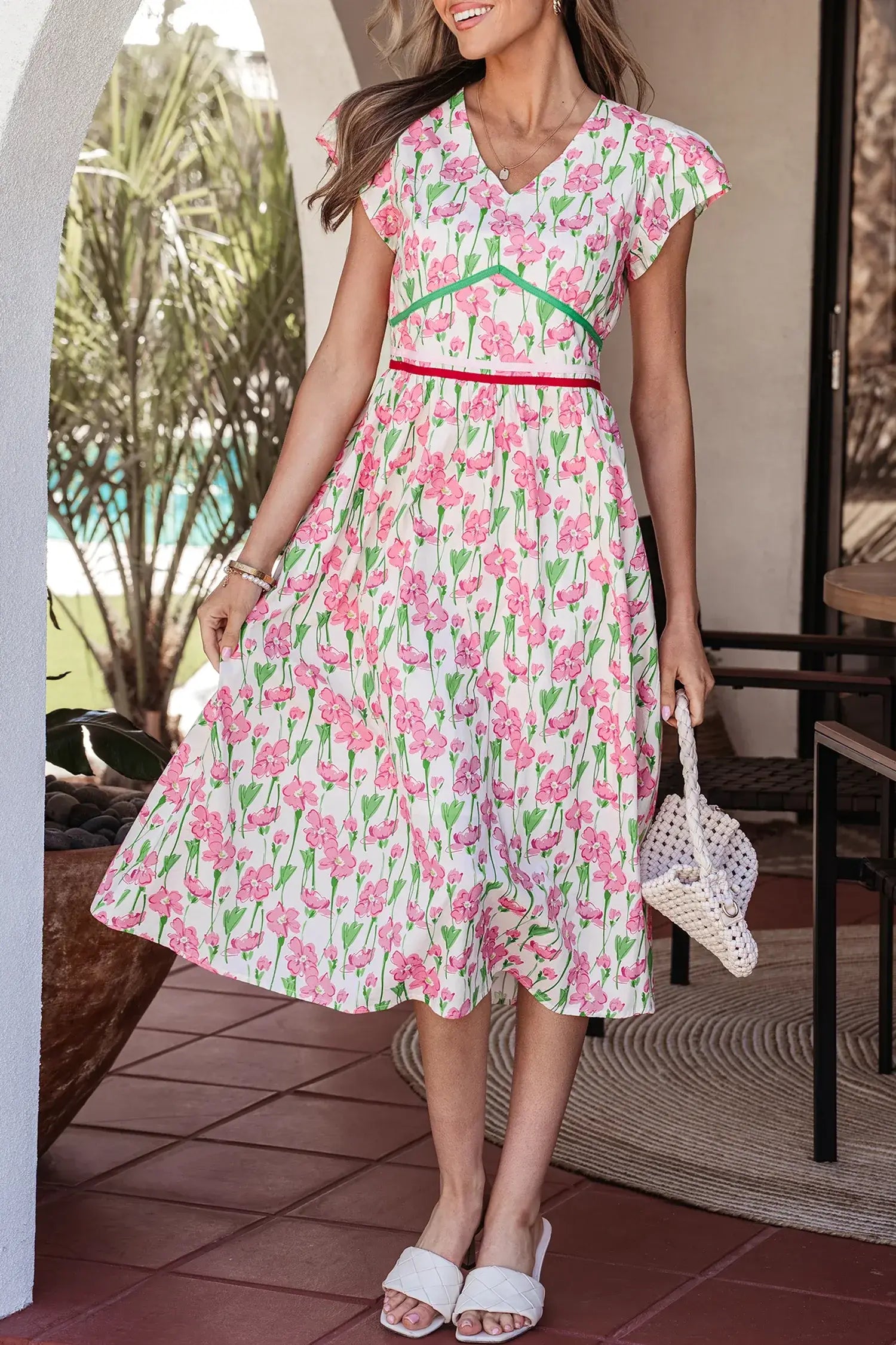 Pink Floral Print Contrast Trim V Neck Short Sleeve Elegant Midi Dress - Sweet Fashion Wholesale