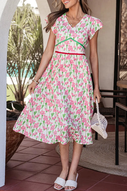 Pink Floral Print Contrast Trim V Neck Short Sleeve Elegant Midi Dress - Sweet Fashion Wholesale