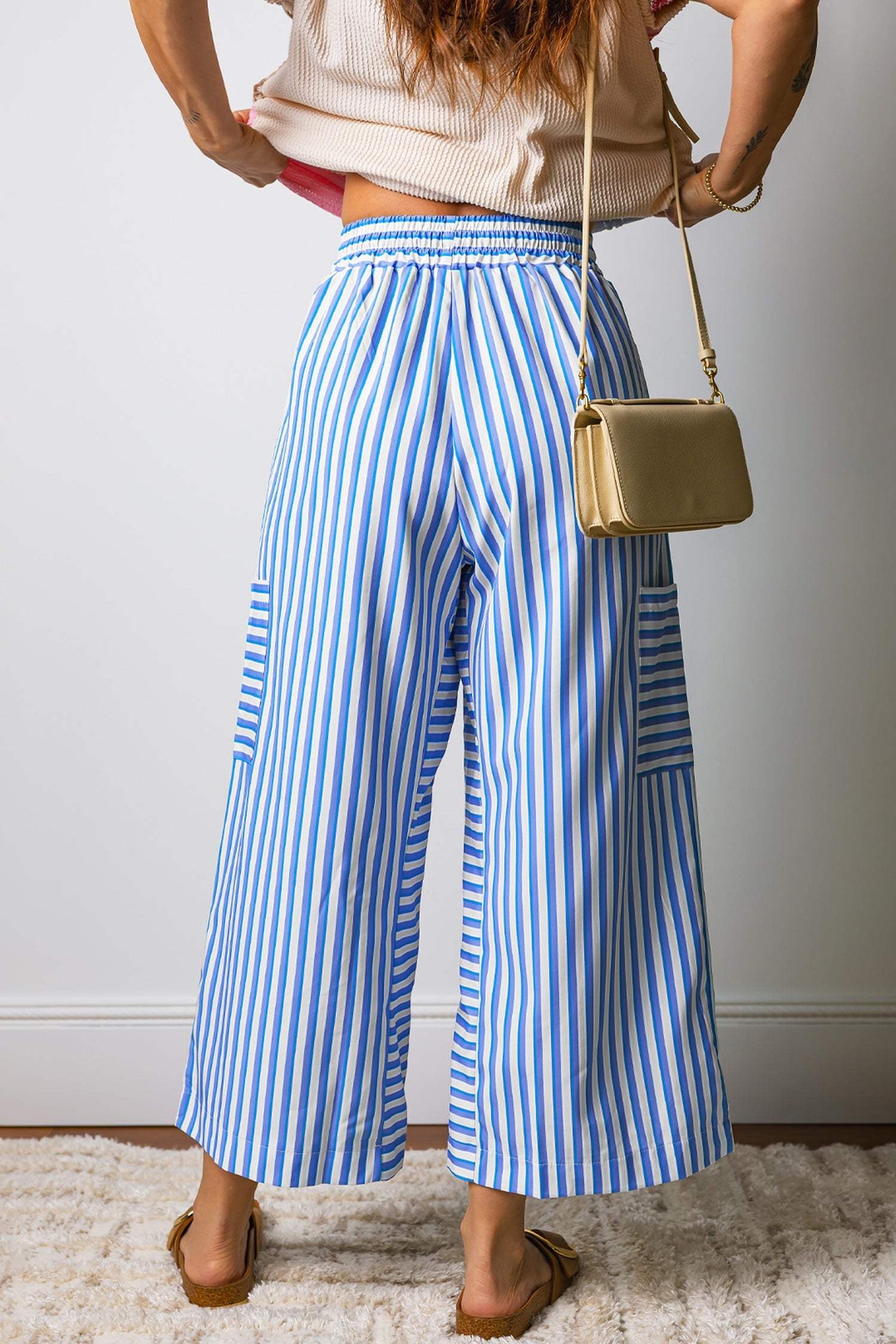 Sky Blue Stripe Drawstring Elastic Waist Patch Pocket Wide Leg Ankle-length Pants