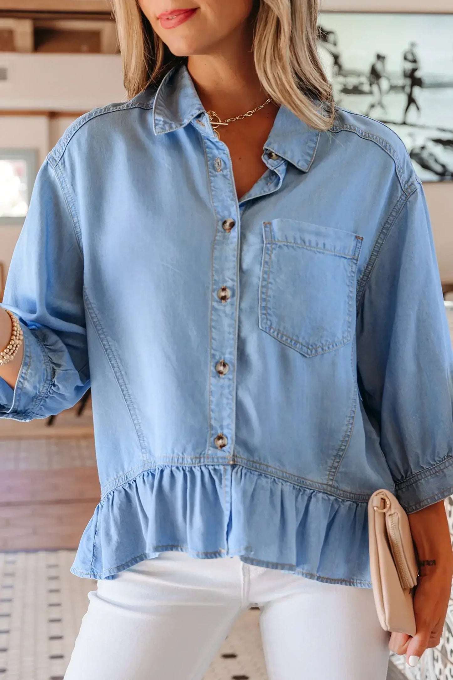 Beau Blue Half Sleeve Button Down Ruffled High Low Chambray Shirt - Sweet Fashion Wholesale