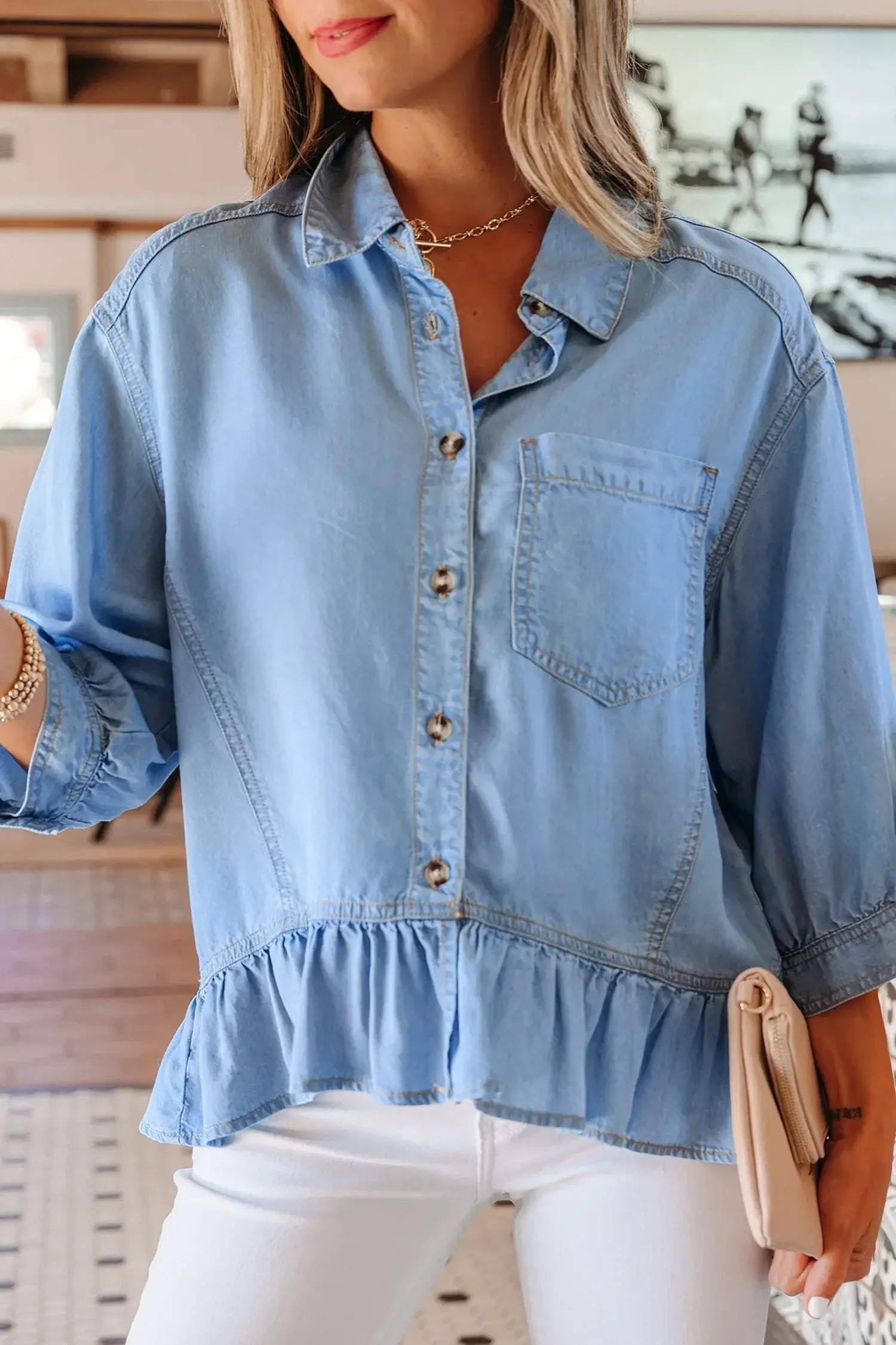 Beau Blue Half Sleeve Button Down Ruffled High Low Chambray Shirt - Sweet Fashion Wholesale