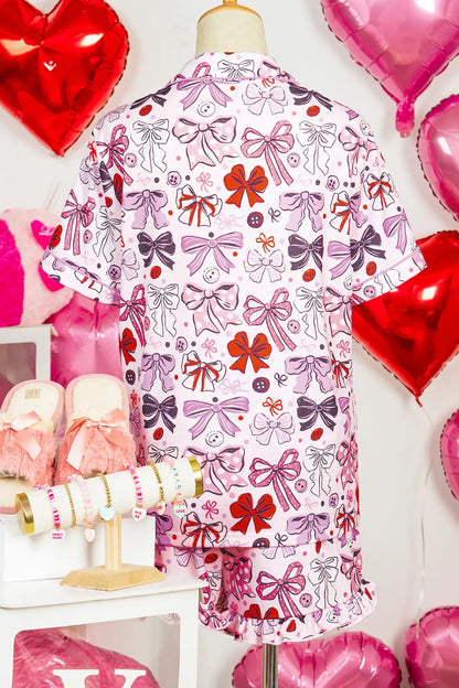 Pink Cute Ribbon Bows Printed 2pcs Short Pajama Set - Sweet Fashion Wholesale