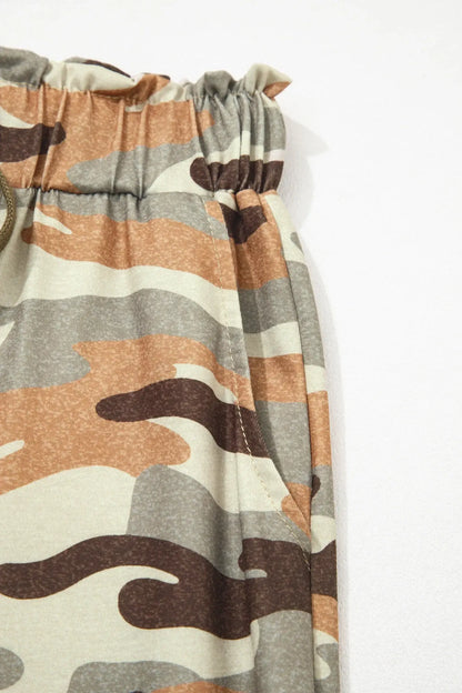 Green Camouflage Printed Drawstring Elastic Waist Jogger Pants - Sweet Fashion Wholesale