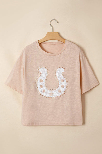 Smoke Gray Lace Pearled Decor Horse Shoe Graphic Western T Shirt