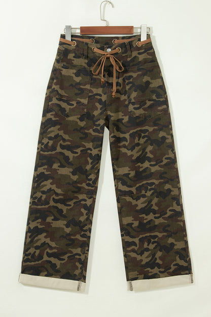 Multicolour Camouflage Print Retro Grommet Tie Waist Loose Jeans