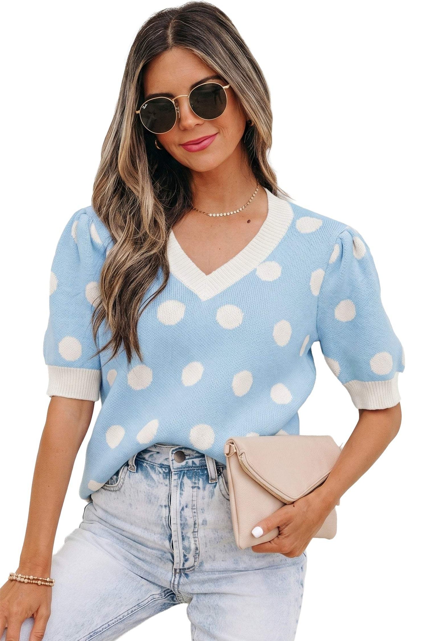 Pink Polka Dot Puff Short Sleeve Sweater Top