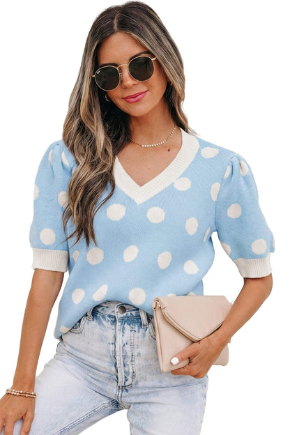 Pink Polka Dot Puff Short Sleeve Sweater Top