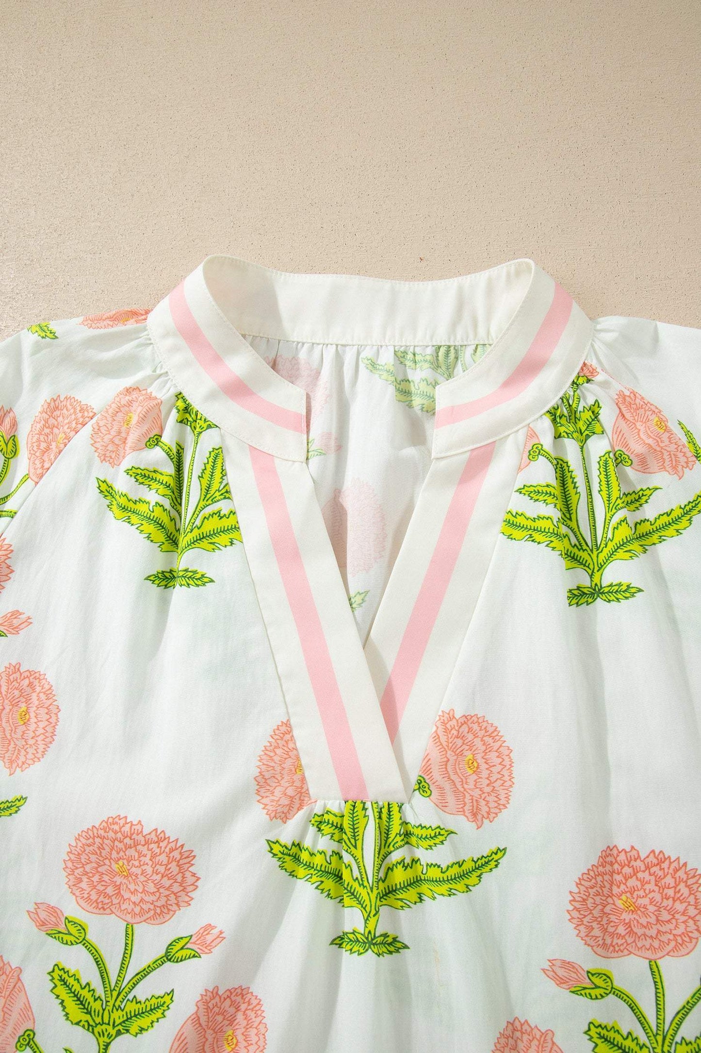 Pink Plus Size Floral Print Striped Trim V Neck Blouse