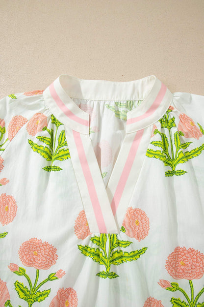 Pink Plus Size Floral Print Striped Trim V Neck Blouse