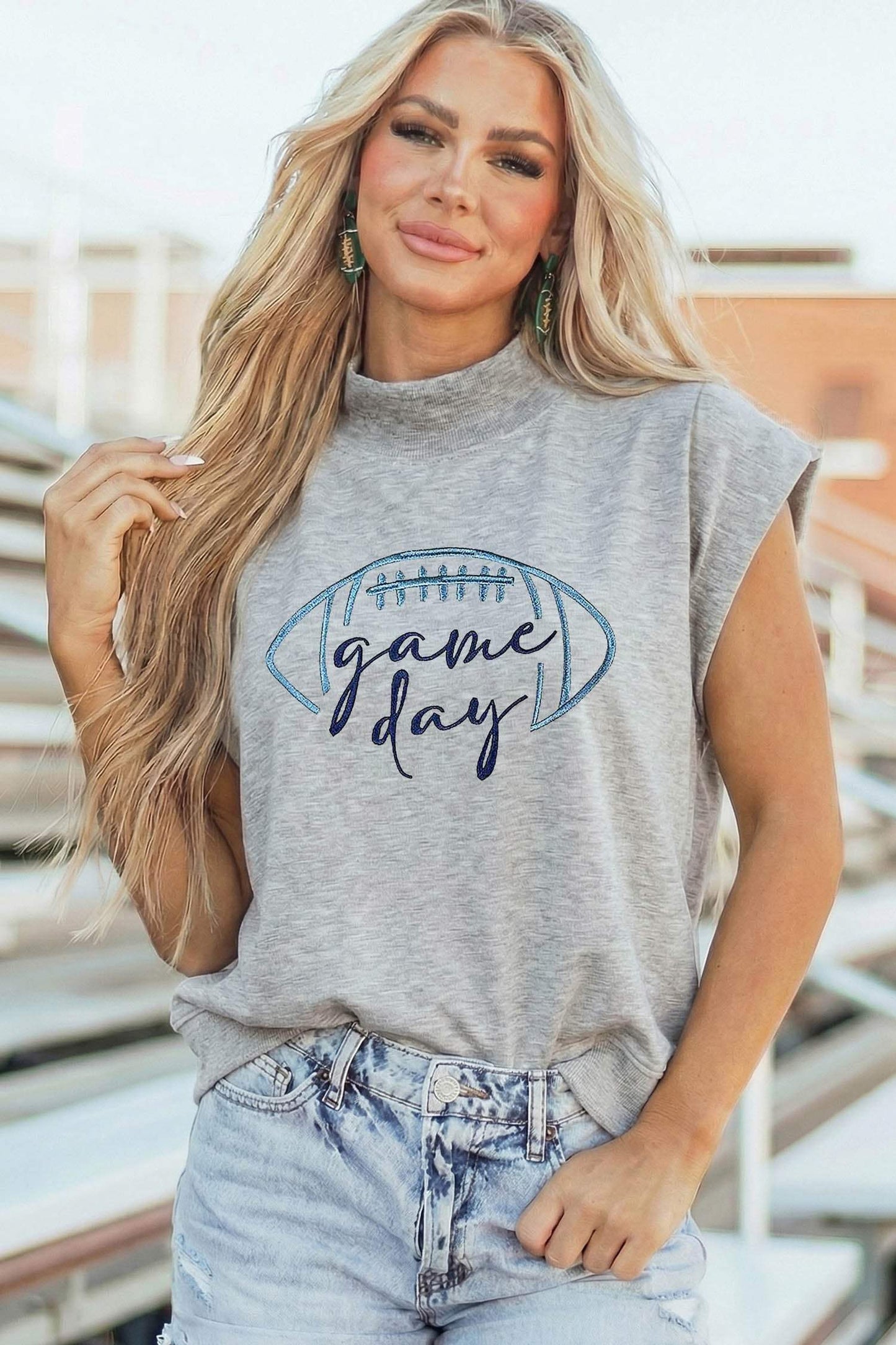 Light Grey Embroidered Game Day Football High Neck Short Sleeve Top
