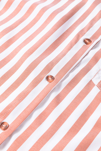 Khaki Stripe Collar Button Front Bracelet Sleeve Ruffle Hem Shirt