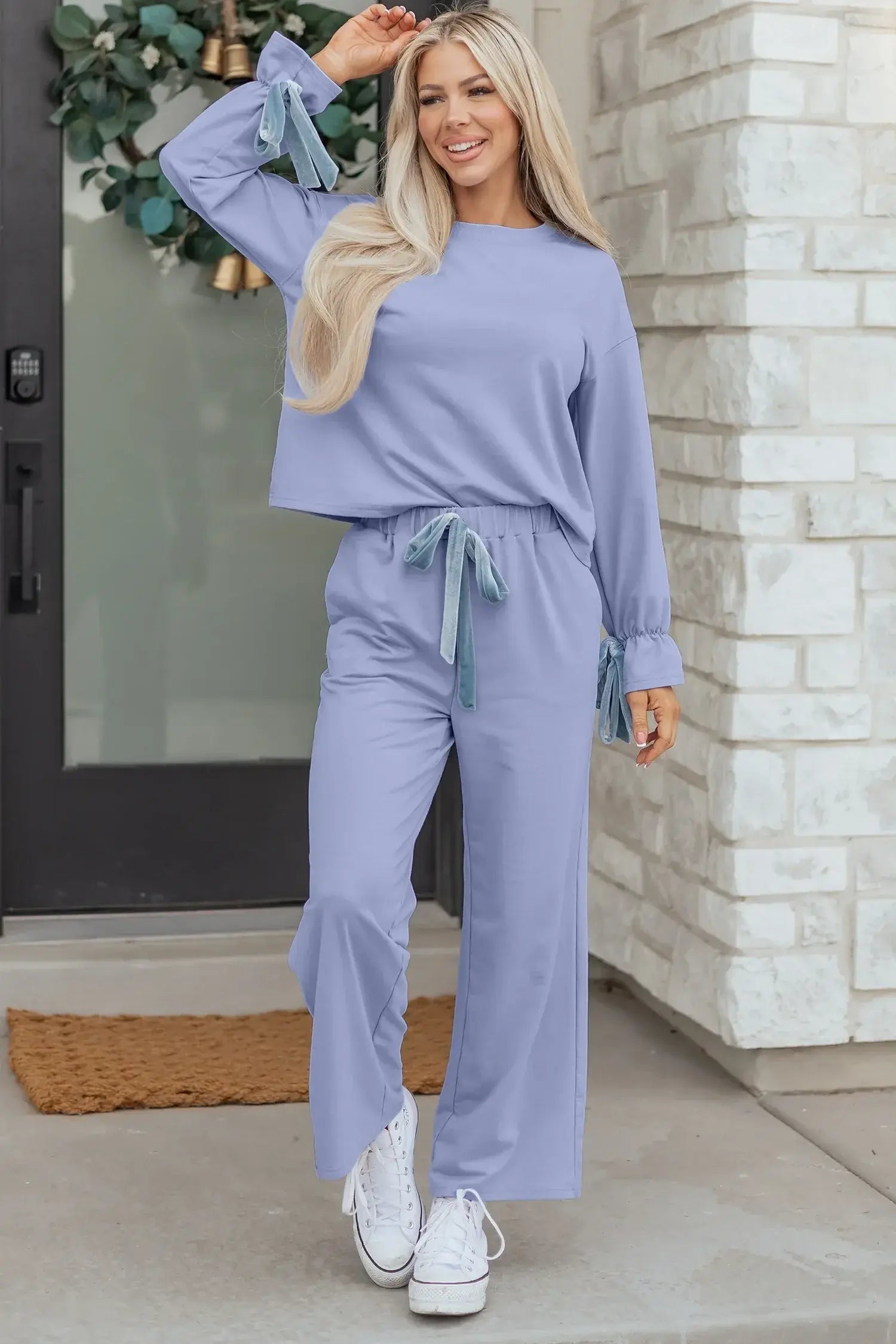 Beau Blue Flounce Long Sleeve Top Drawstring Pants Contrast Velvet Bow Knot 2pcs Lounge Set - Sweet Fashion Wholesale