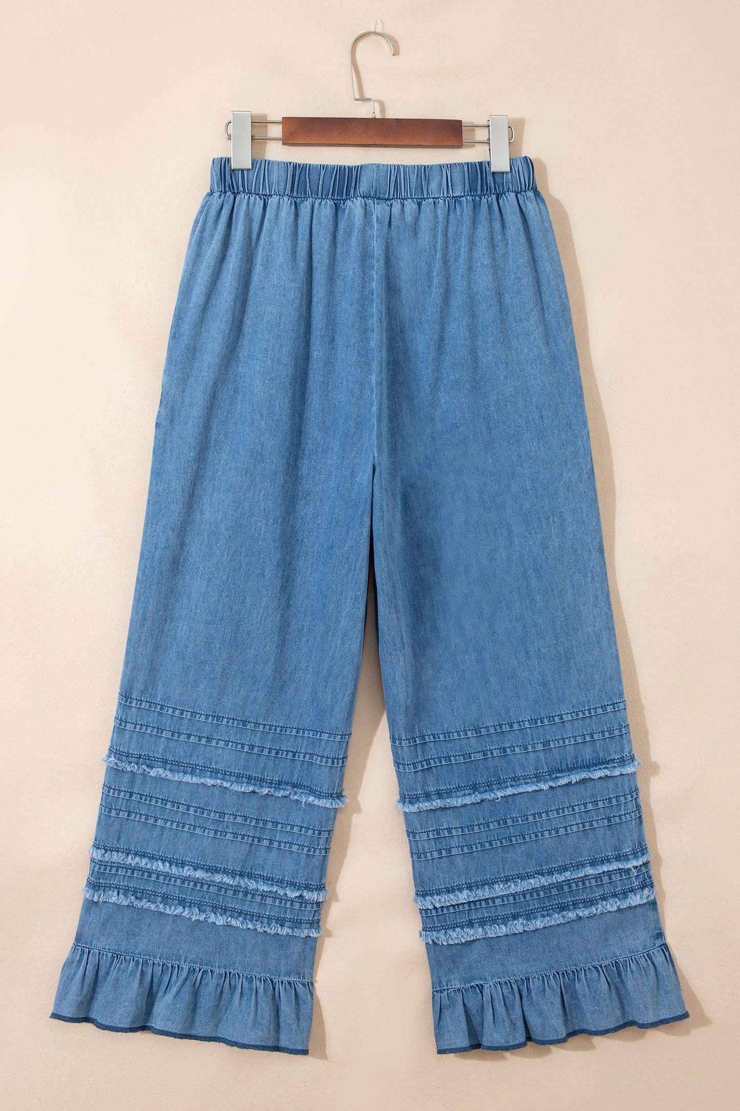 Dusk Blue Ruffled Hem Wide Leg Chambray Pants - Sweet Fashion Wholesale