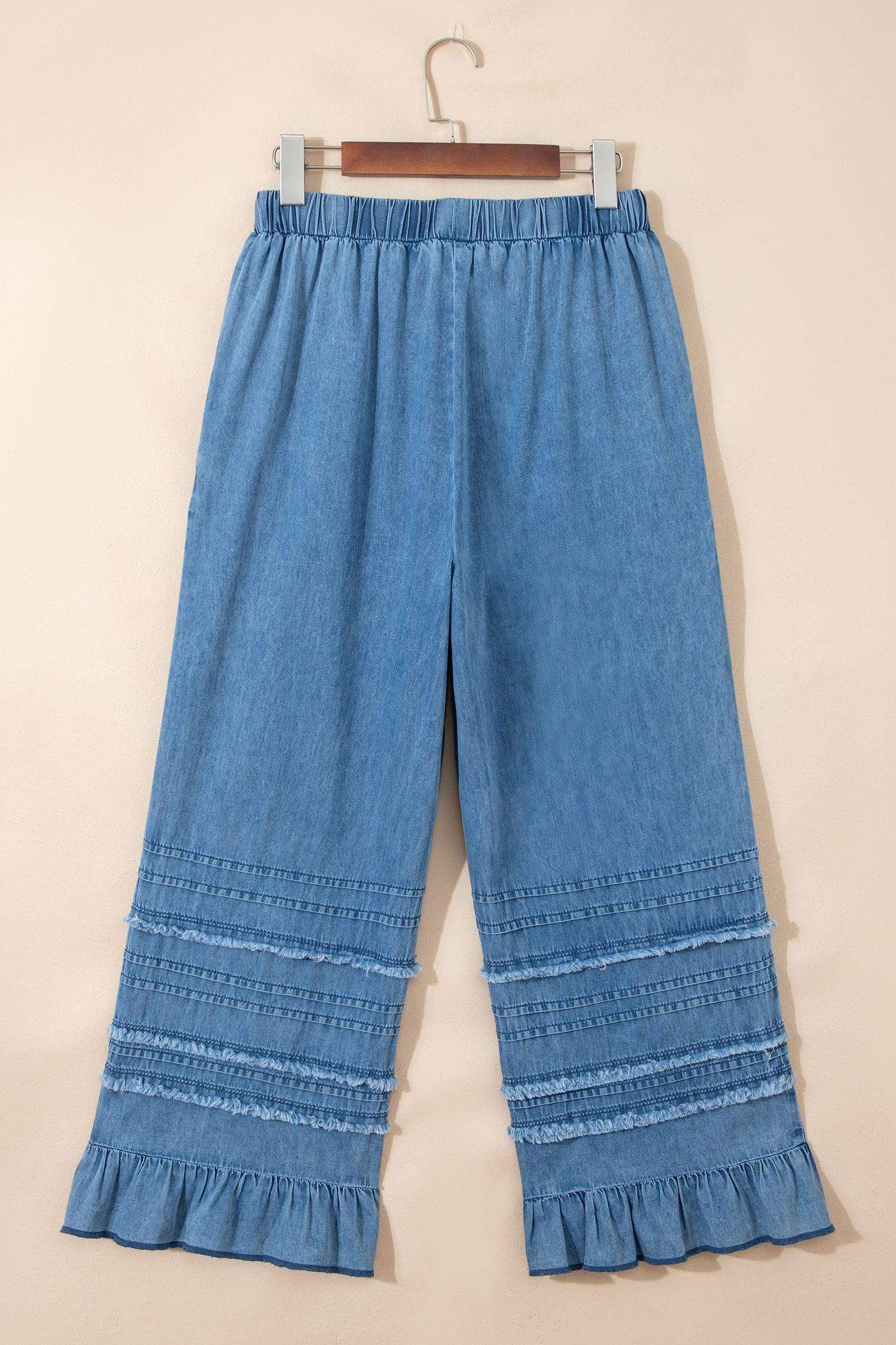 Dusk Blue Ruffled Hem Wide Leg Chambray Pants - Sweet Fashion Wholesale