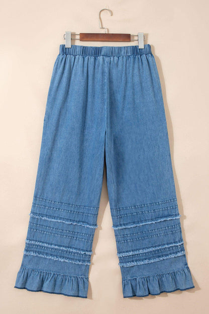 Dusk Blue Ruffled Hem Wide Leg Chambray Pants - Sweet Fashion Wholesale