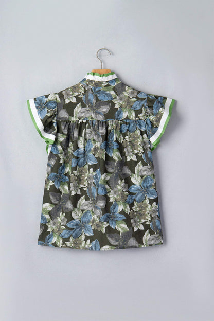 Green Ruffled Short Sleeve Floral Summer Blouse